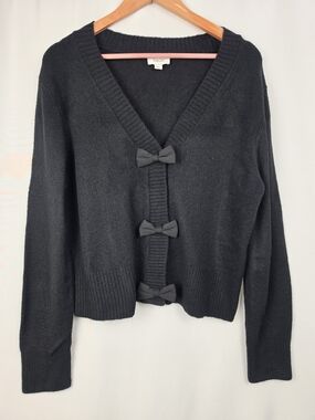 CeCe Black 3 Bow V-Neck Sweater Cardigan M Coquette